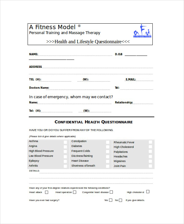 health questionnaire template word