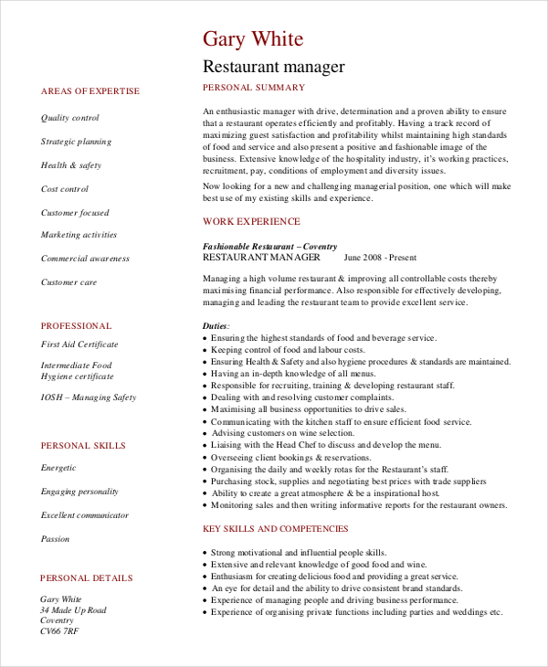 restaurant general manager resume