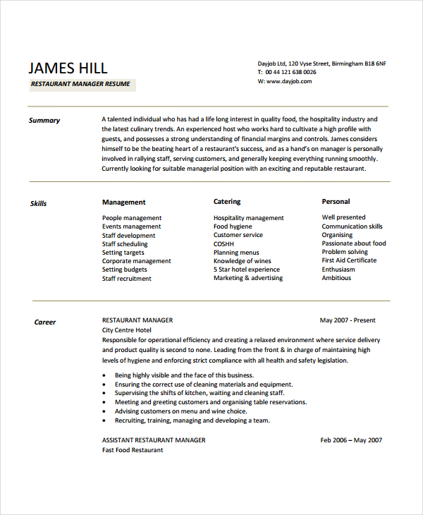 Free restaurant manager resume samples