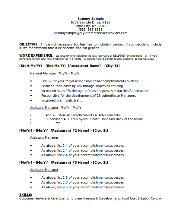 restaurant manager business plan resume