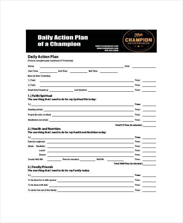 Daily Action Planner Template 5+ Free PDF Documents Download