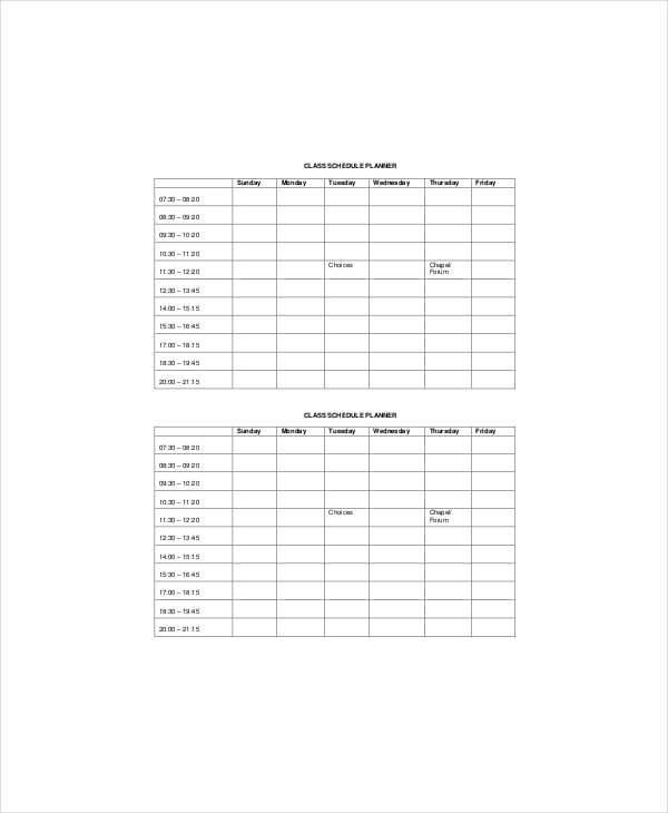 daily class schedule planner