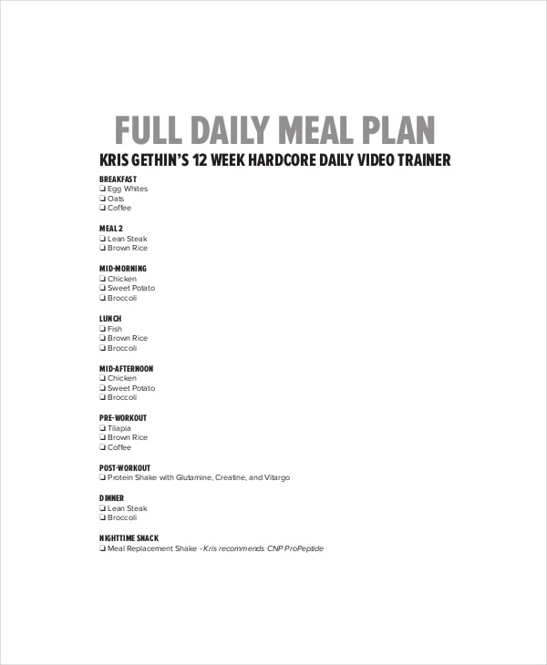 full daily meal menu plan template