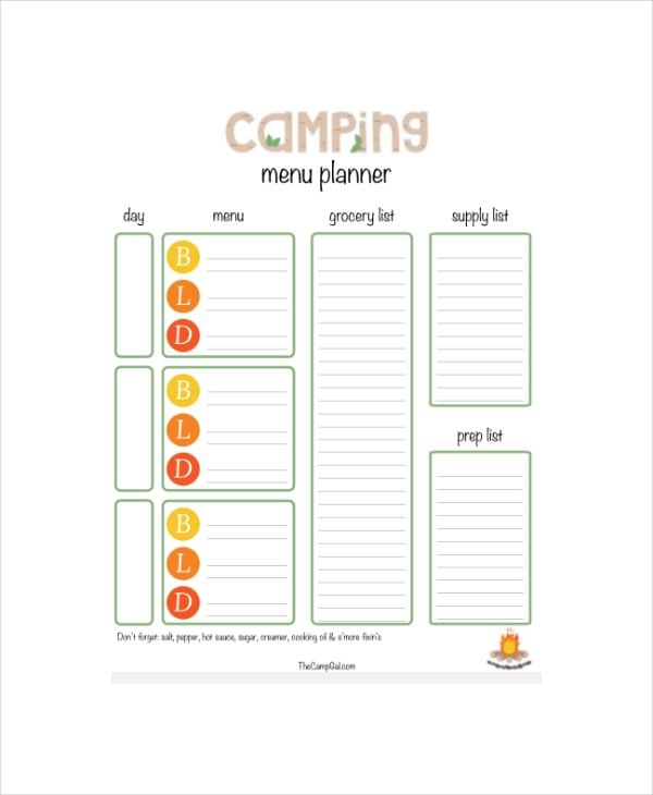 Camping Menu Planner Template Creative Design Templates