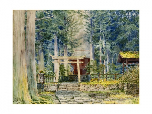 stone road to shrine watercolor painting