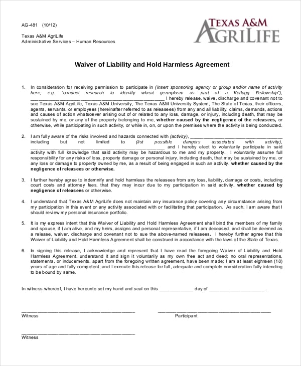 waiver of liability and hold harmless agreement