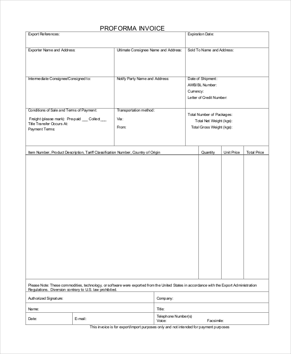 generic proforma invoice template