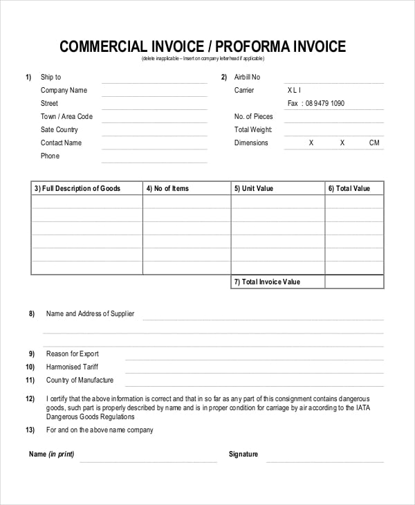 simple commercial proforma invoice template