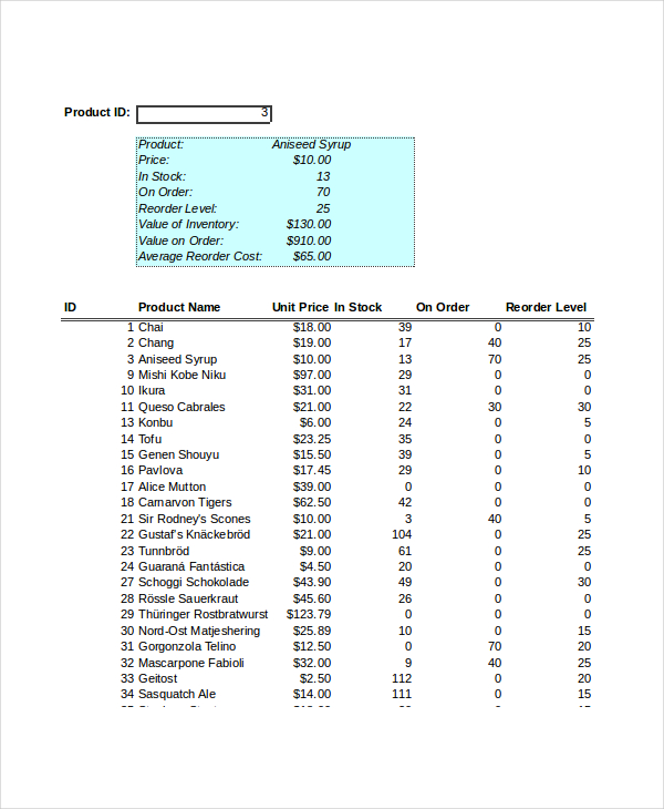 product inventory list template