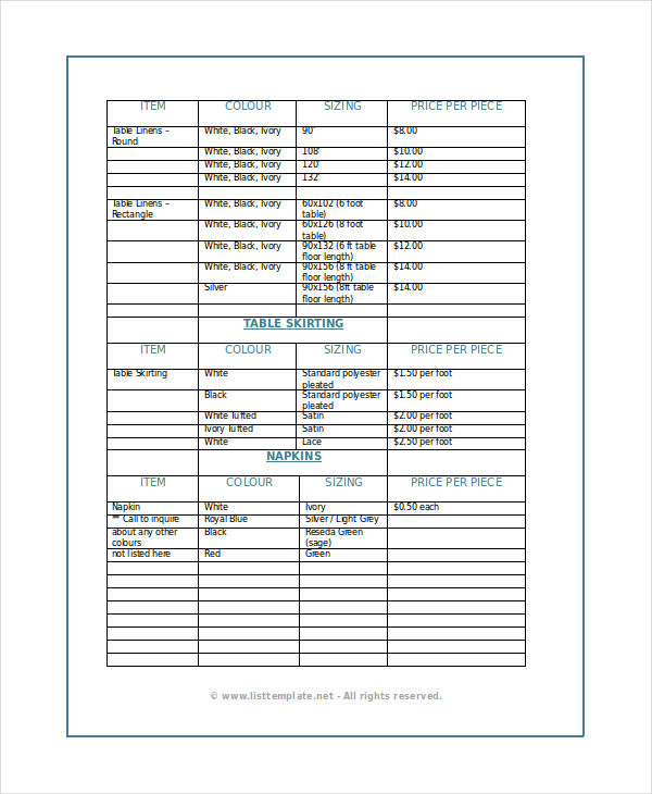 Product List Template Free Nisma Info