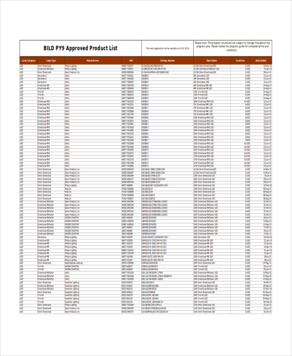 free product list template