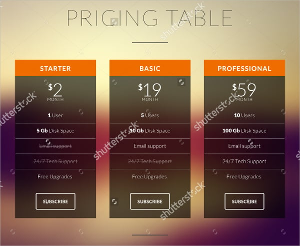 pricing table for websites applications