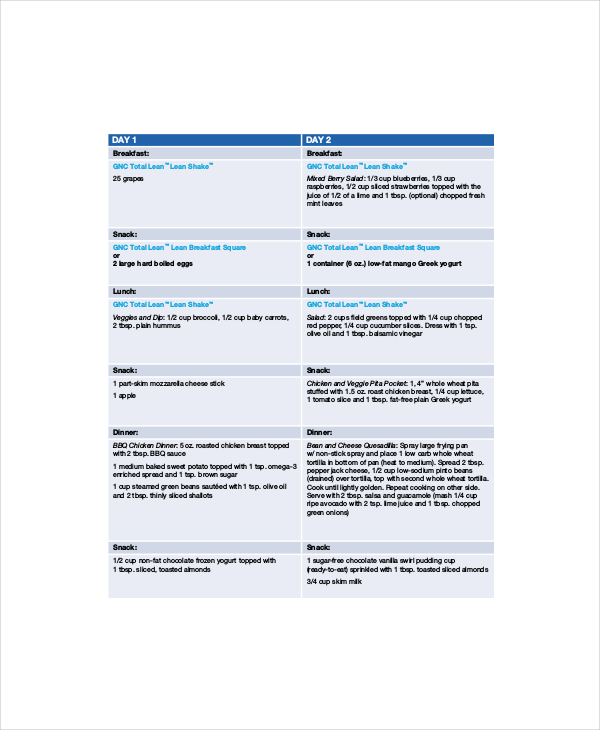 sample personalized meal daily planner