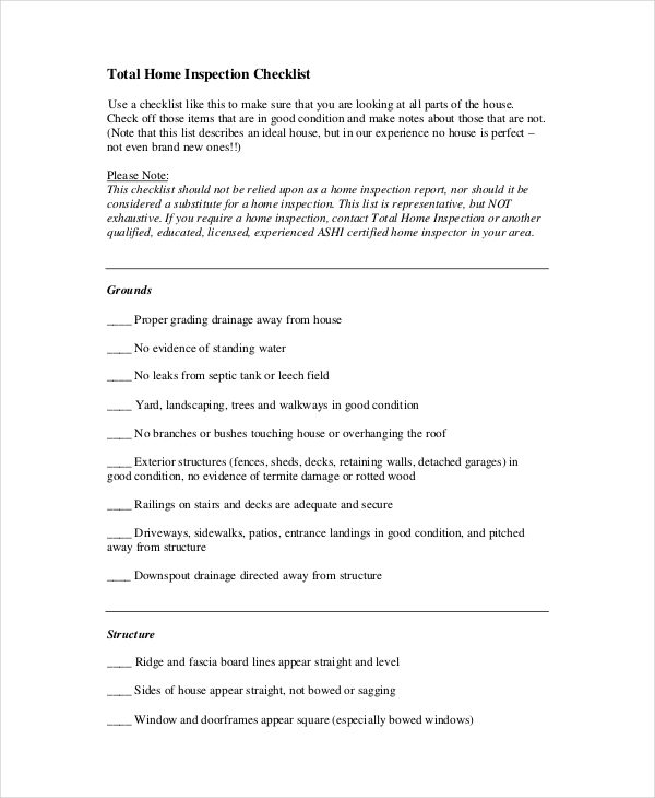 general home inspection checklist