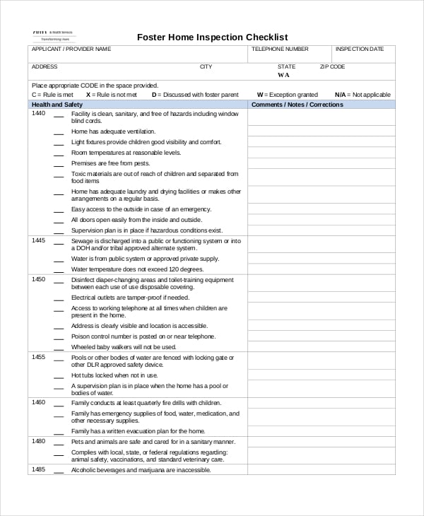 printable foster home inspection checklist
