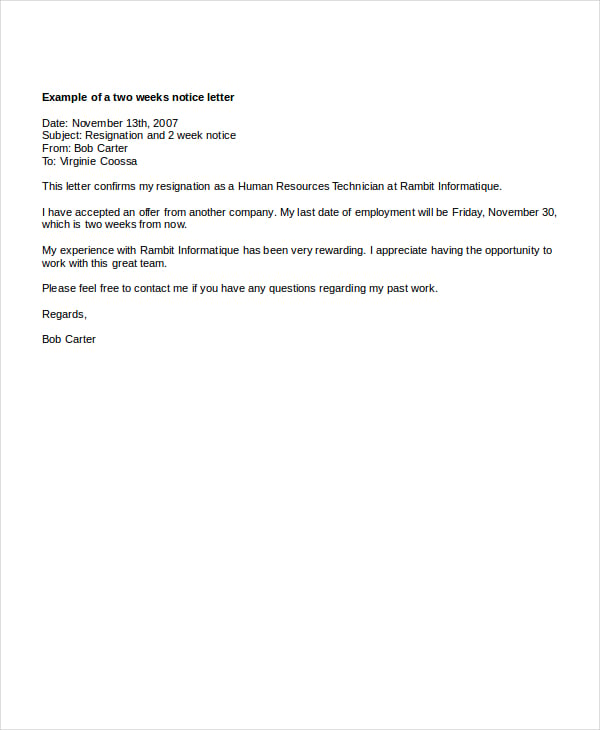 Sample Resignation Letter 2 Weeks Notice