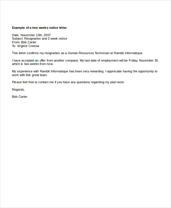 9+ Two Weeks Notice Letter Examples - PDF, Google Docs, MS ...