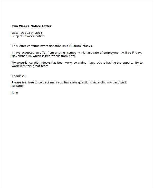 professional two weeks notice letter example