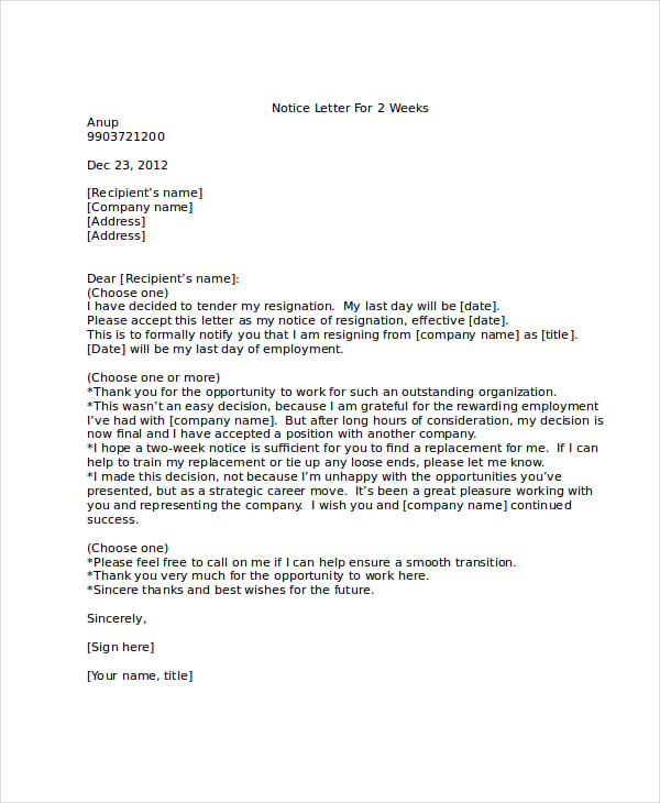 9+ Two Weeks Notice Letter Examples PDF, Google Docs, MS