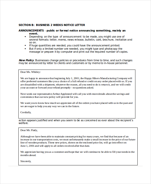 9+ Two Weeks Notice Letter Examples - PDF, Google Docs, MS Word, Apple ...