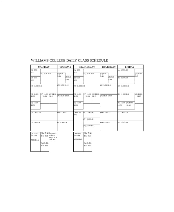sample college daily class schedule
