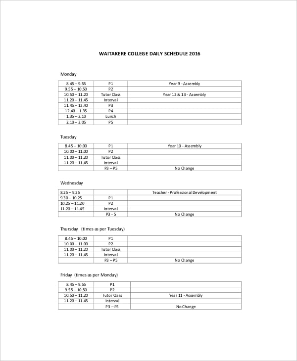 waitakere college daily schedule