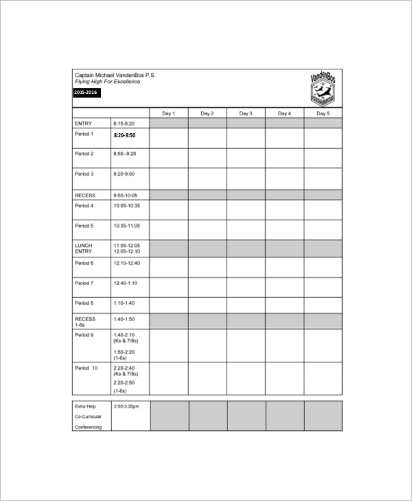 Sample School Schedule Template