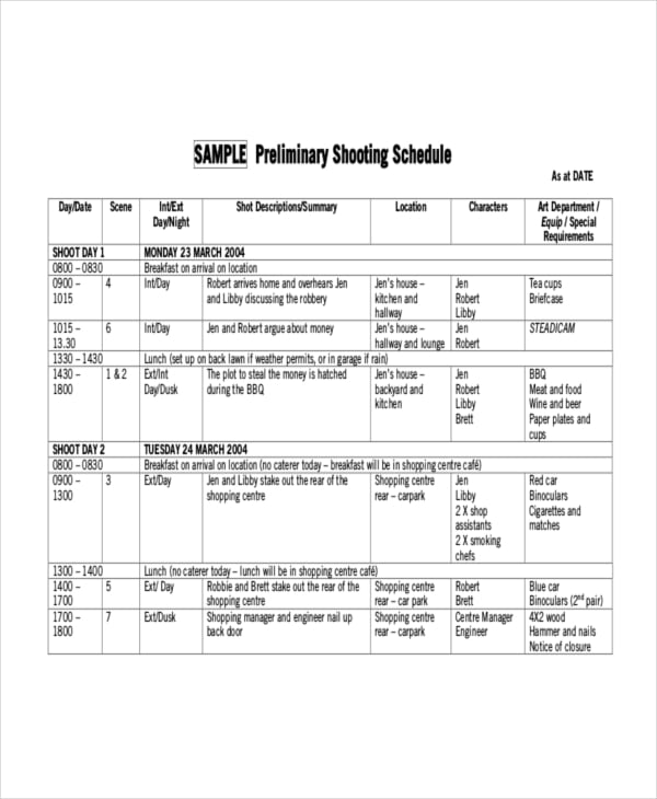 preliminary shooting schedule