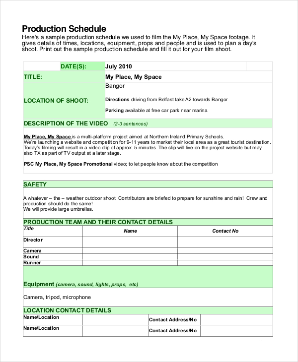 film production shooting schedule template