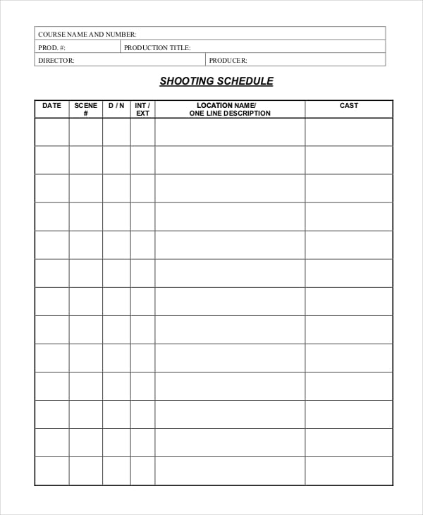 blank shooting schedule template