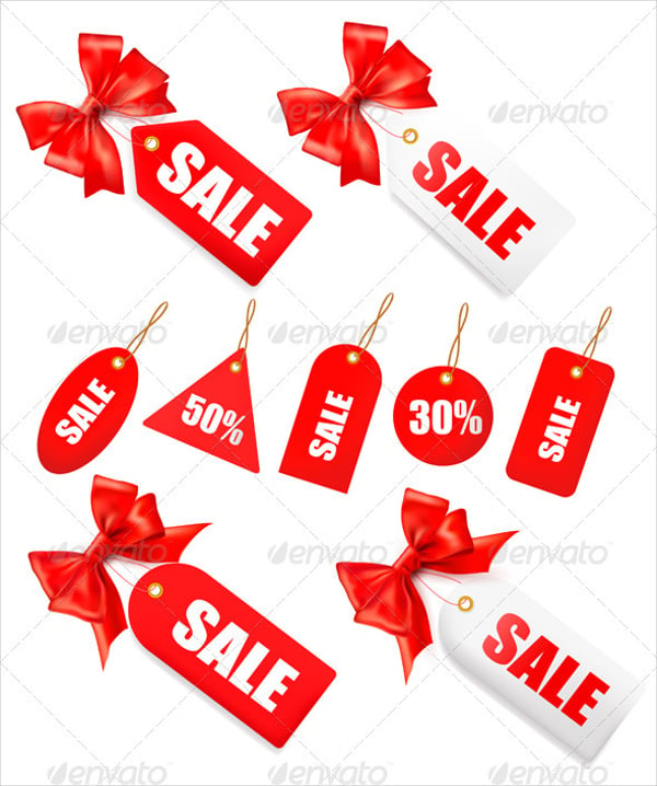 big set of sales tags with red gift bows