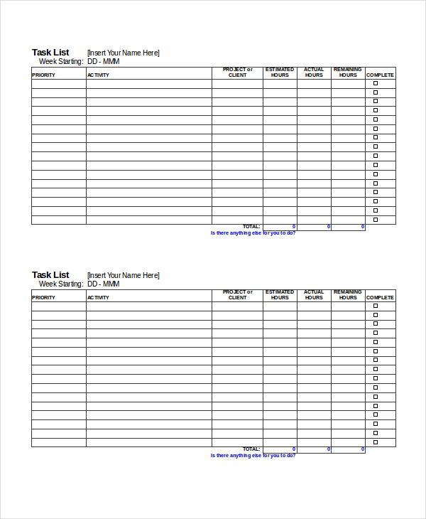 task checklist template