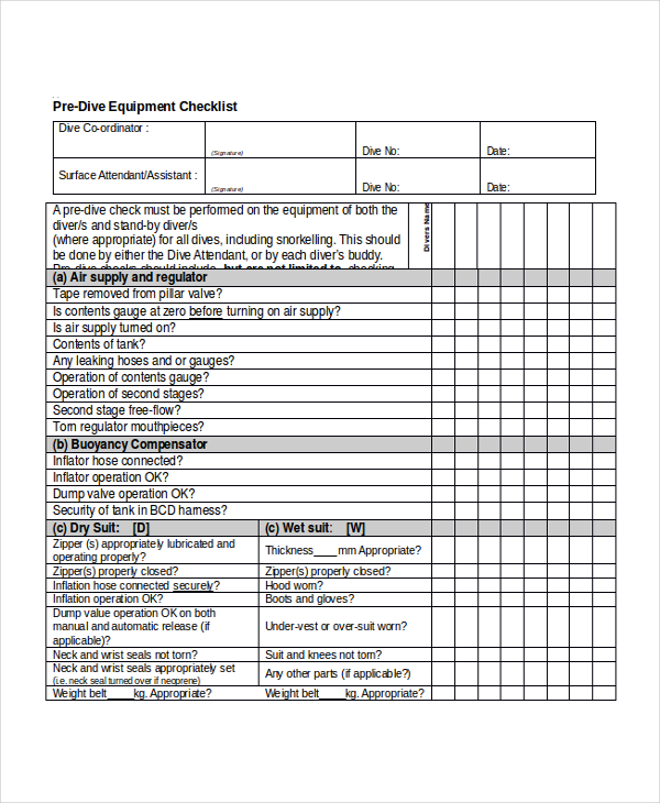 equipment checklist template