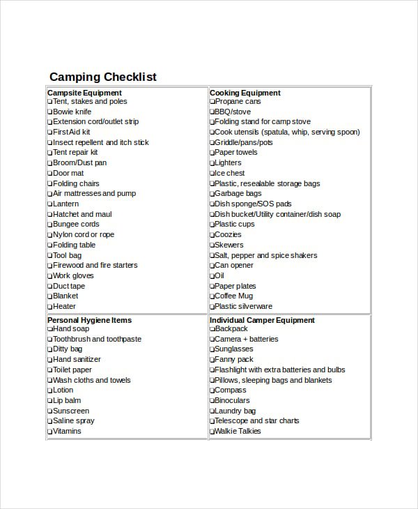 camping checklist template