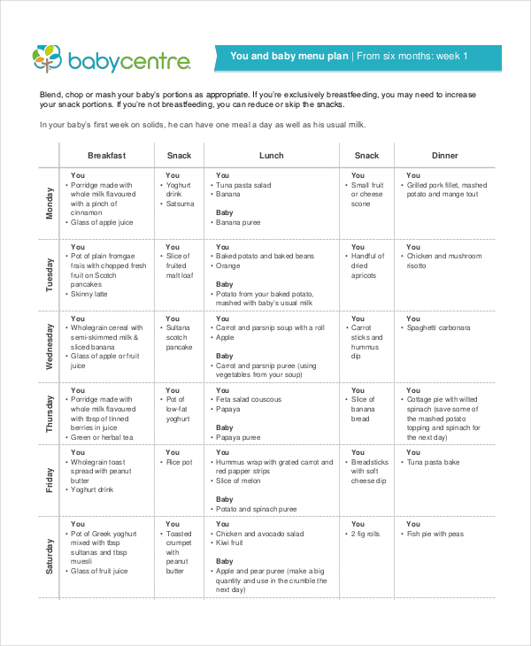 baby weekly meal planner template