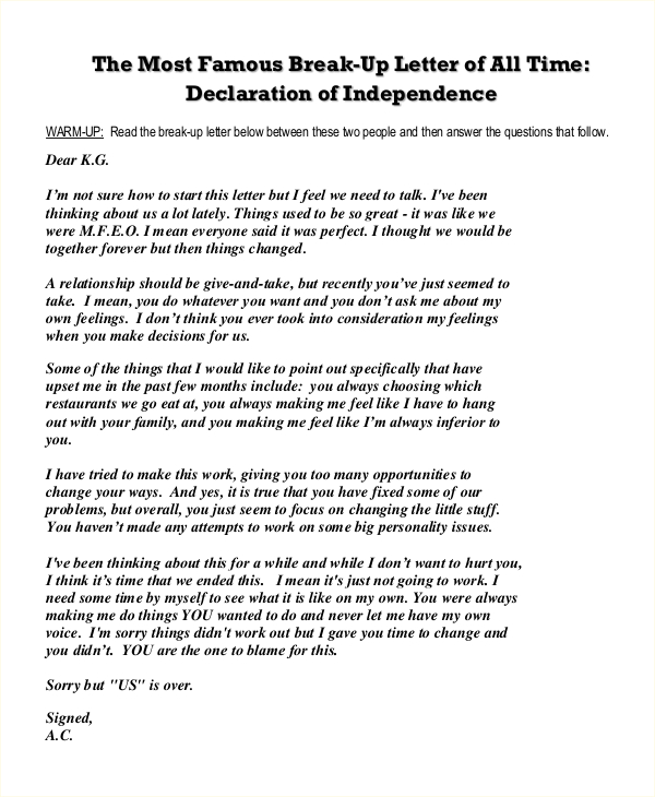 break up letter declaration