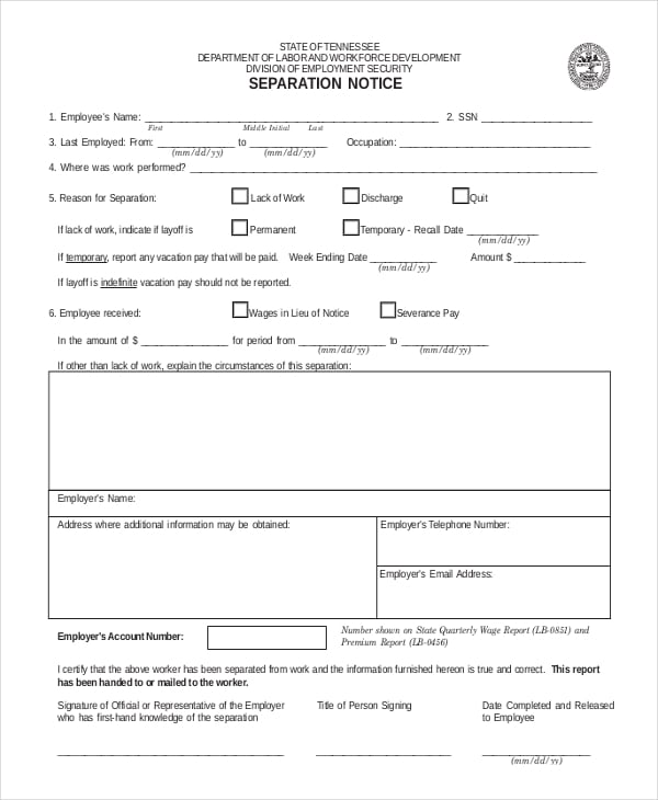 tennessee separation notice template