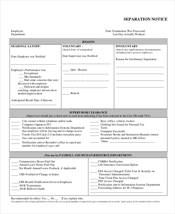 two week separation notice template