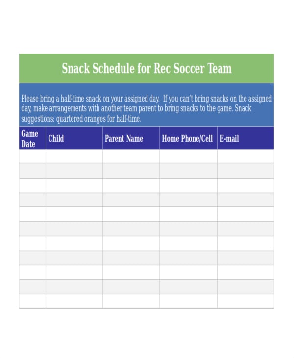 Soccer Snack Schedule Template