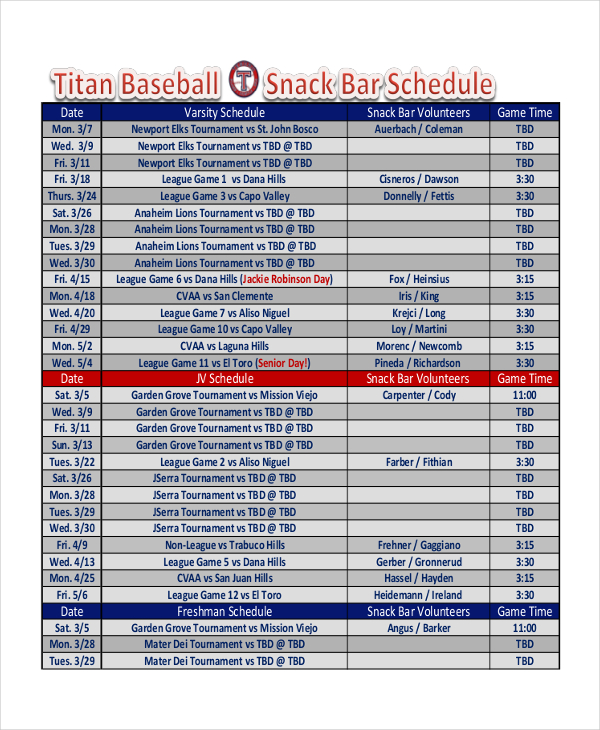 Snack Schedule Template 7  Free Word Excel PDF Document Downloads