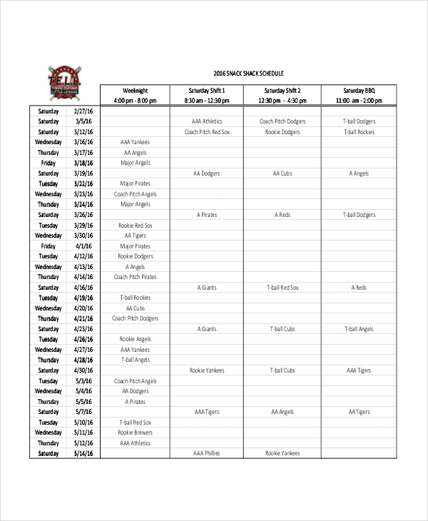 Snack Schedule Template 7  Free Word Excel PDF Document Downloads