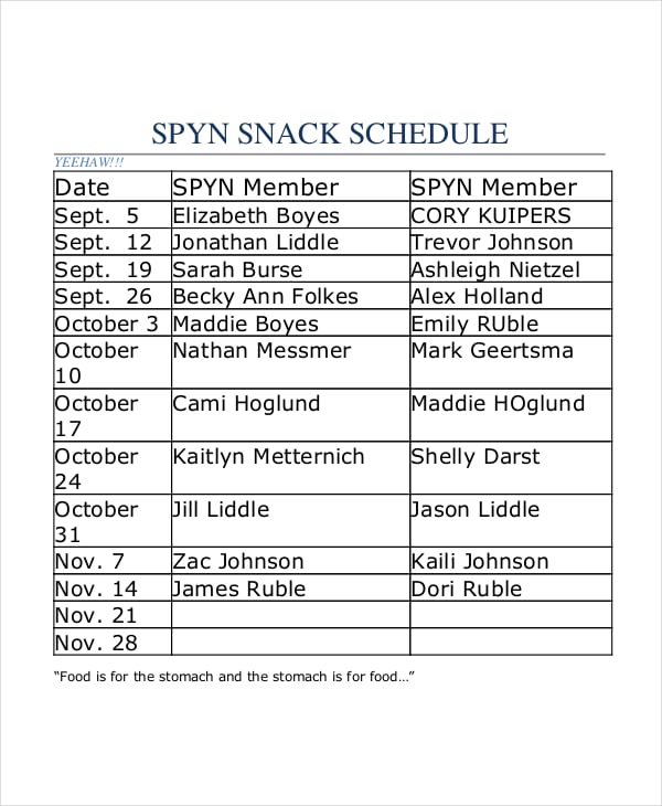 spyn snack schedule