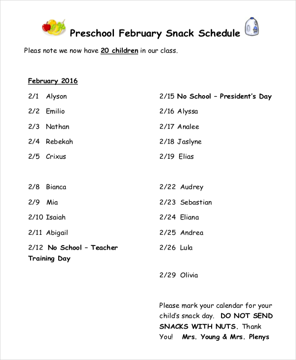 Snack Schedule Template 7+ Free Word, Excel, PDF Document Downloads