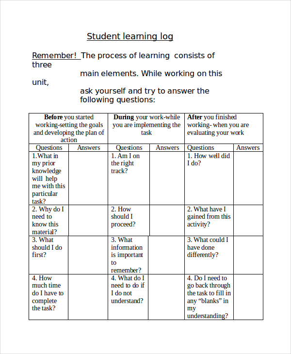 11 Learning Log Templates In Word Google Docs Google Sheets 