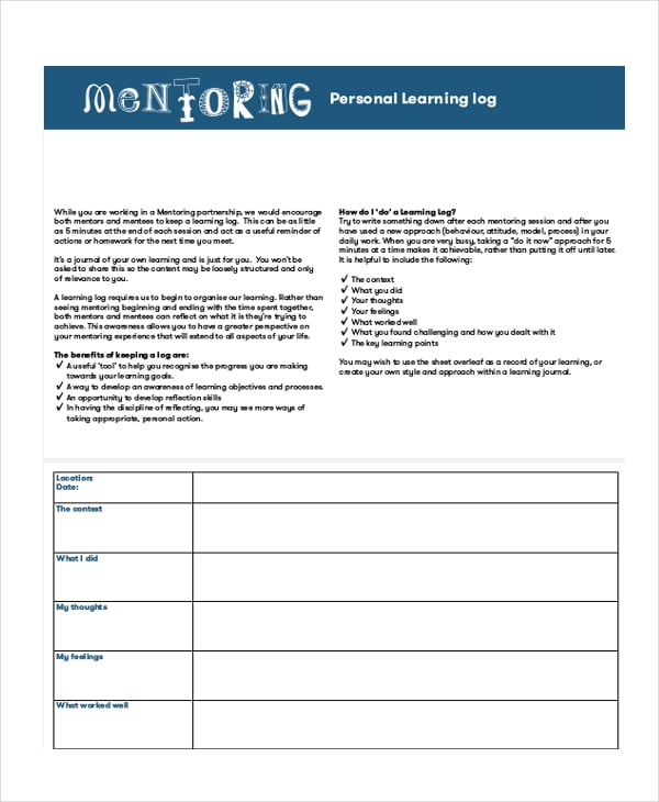 mentoring personal learning log template