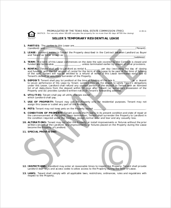 seller temporary residential lease