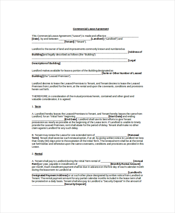 commercial rental lease agreement template