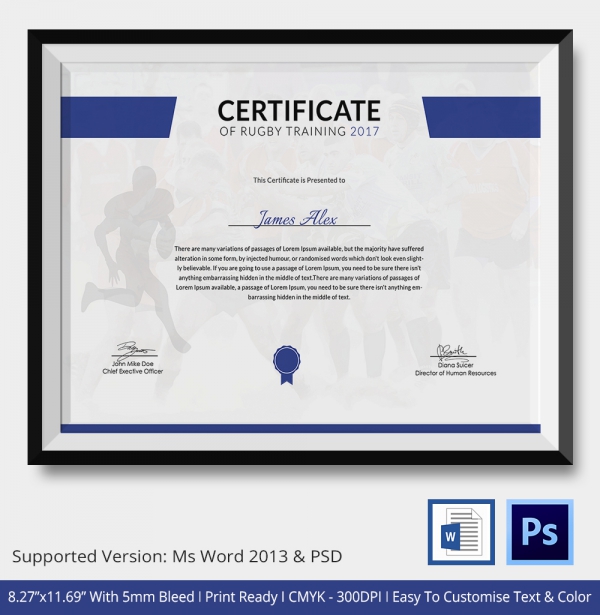 Rugby Certificate 5+ Word, PSD, AI, InDesign Format Download