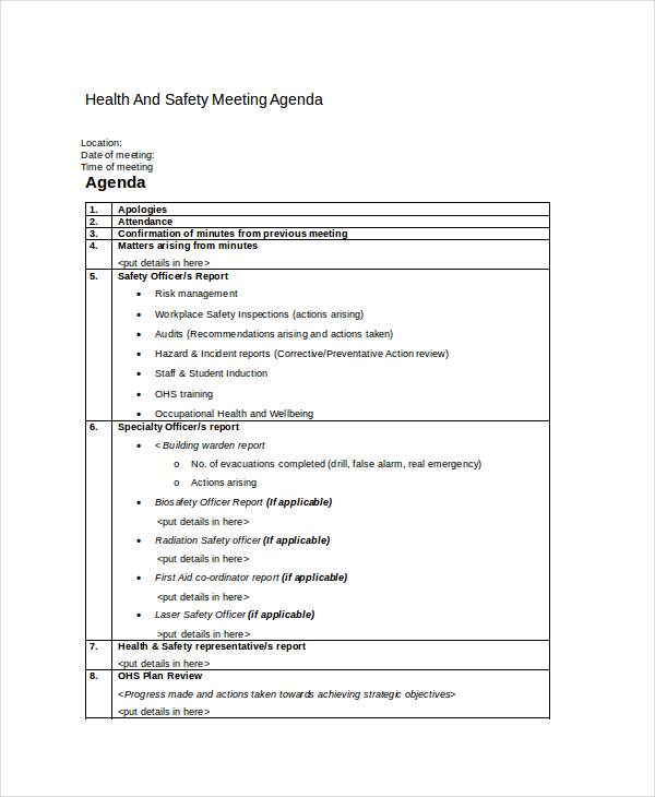 health and safety meeting agenda template