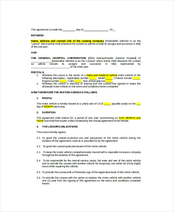 vehicle lease agreement template hq printable documents